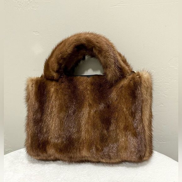 Handmade Real Muskrat Fur Top Handles Satchel With Mink Fur Flower Bag Charm - Picture 3 of 16